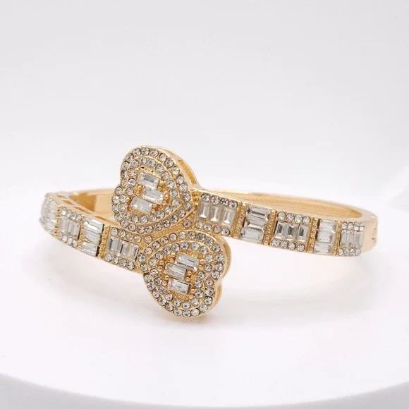 Gold Plated Double Heart Hinged Cuff Bracelet Women's CZ Bangle Romantic Jewelry - Picture 16 of 17